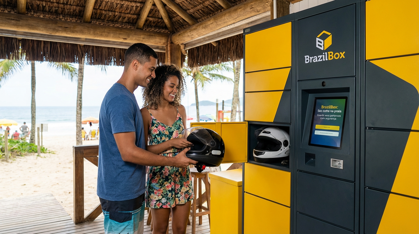 Casal guardando capacetes de moto no BrazilBox - Uso real do guarda-volumes